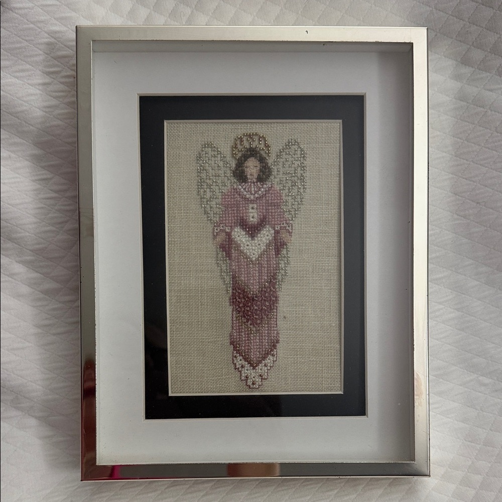 Elegant Needepoint Framed Angel Cross-Stitch Art in Silver and Pink.
